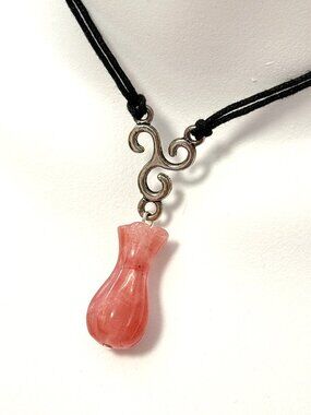 2/$20, Large Cherry Quartz Flower Bud Black Cord Necklace